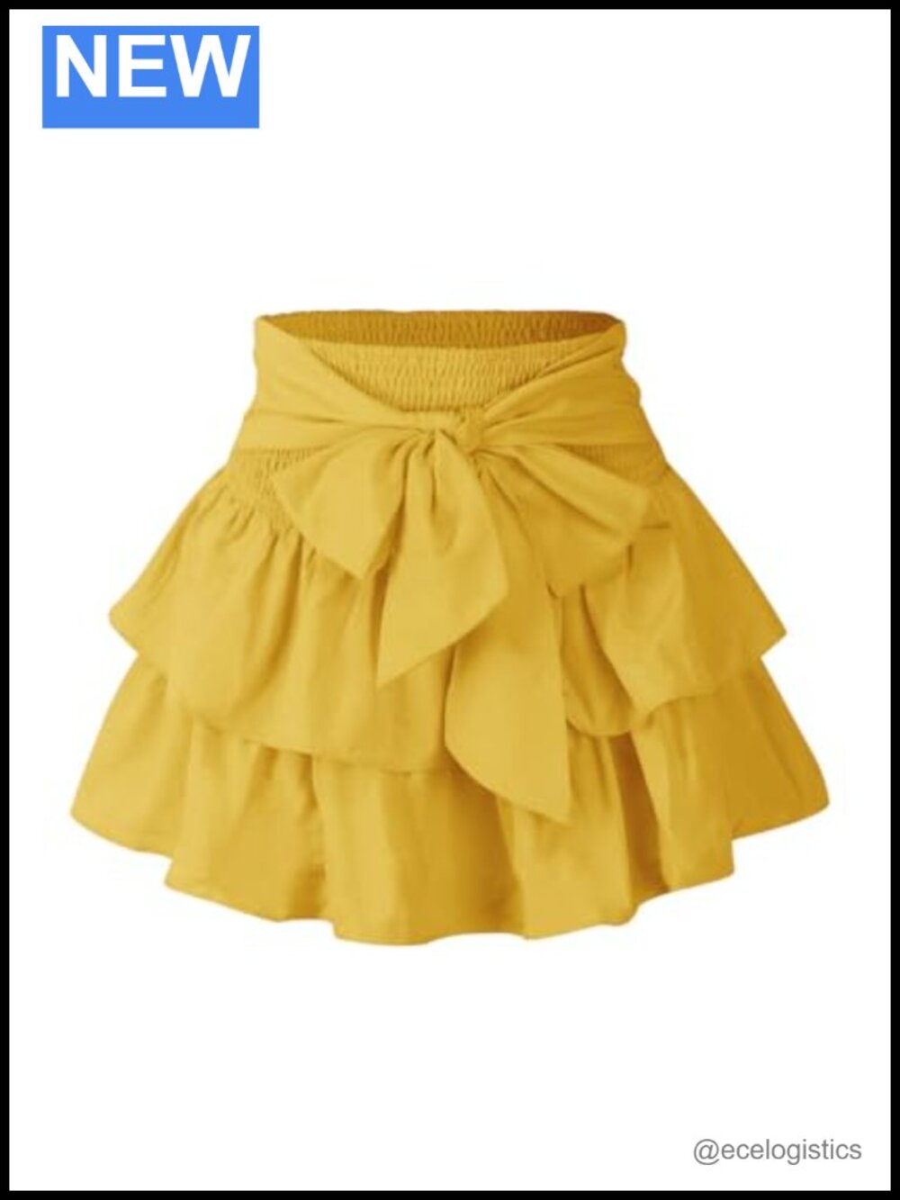 Bow Front High Waist Shirred Mini Skirt with Ruffled Layered Hem